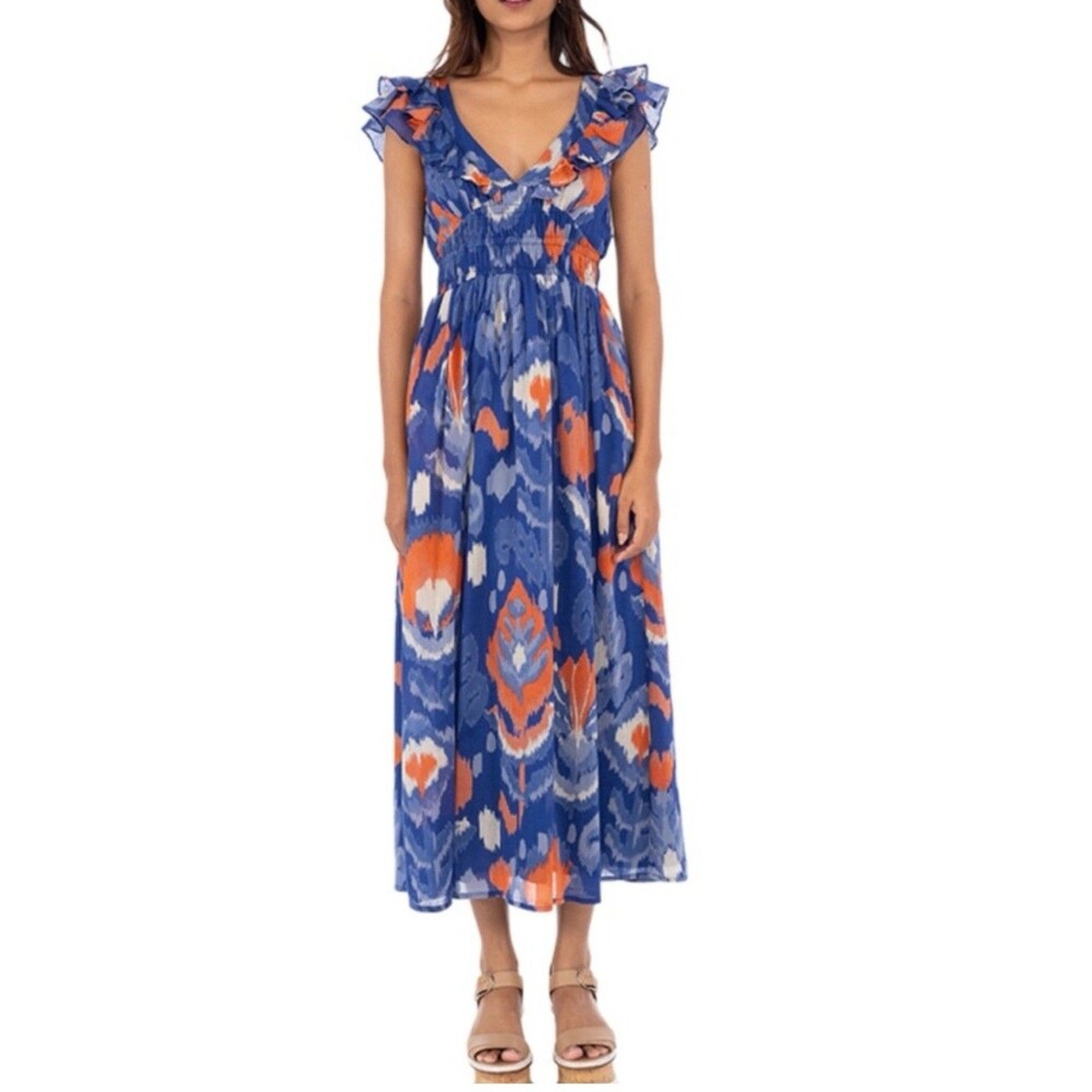 Banjanan Maxi Dress Women’s Size S Blue Orange Sleeveless Exposed Zipper Vneck